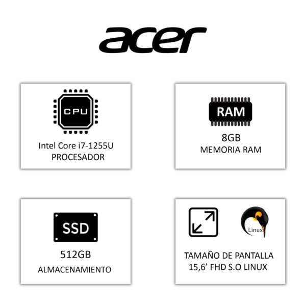 Portátil ACER 15.6" Intel i7-1255U RAM 8GB 512GB SSD - Plata — foto 7 de 7