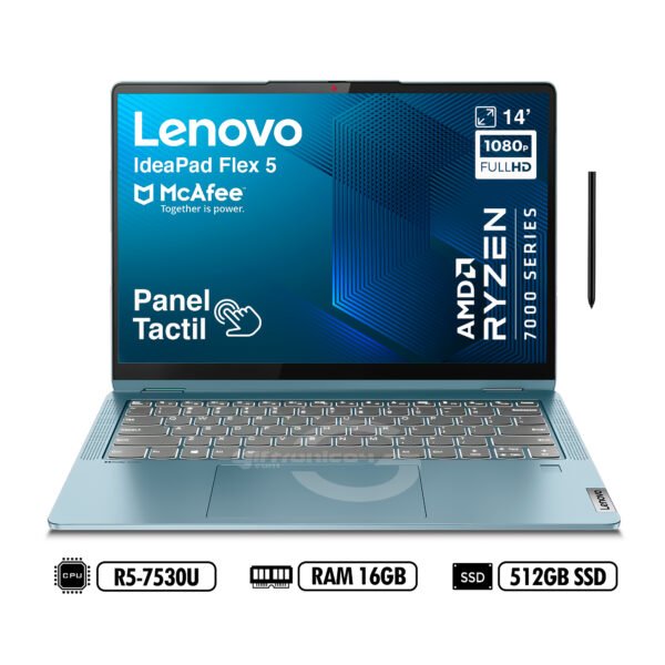 PORTATIL LENOVO  IdeaPad Flex 5 14ABR8 Touch AMD R5-7530U RAM 16GB LPDDR4x 512GB SSD W11 Blue