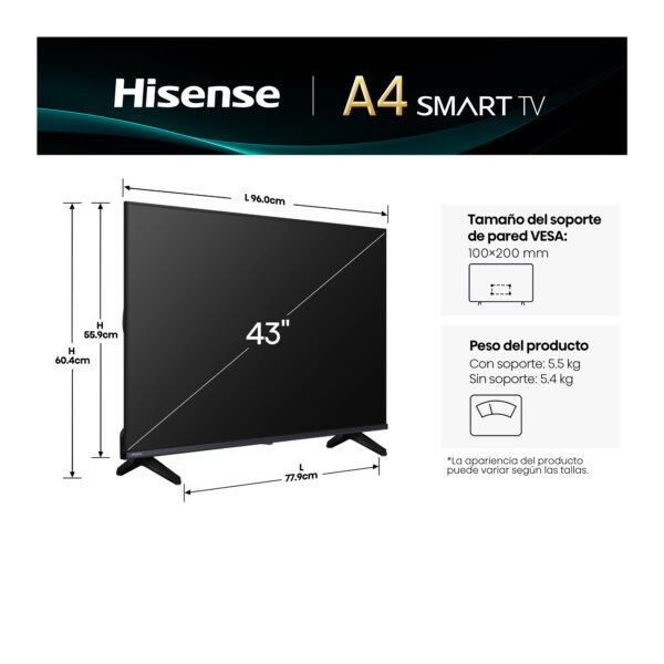TV Hisense 43" Pulgadas Full HD 43A4NV Smart TV Black — foto 3 de 10