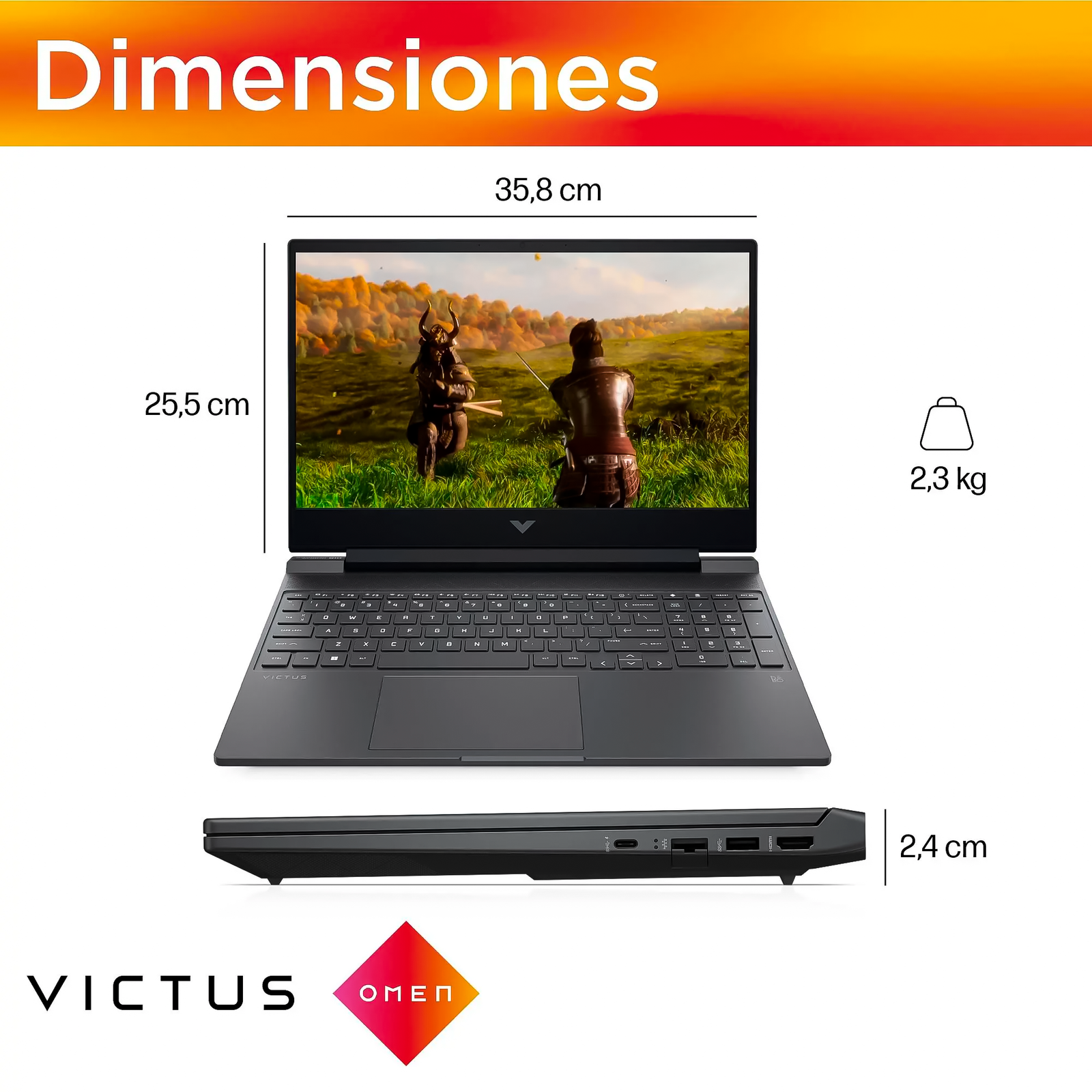 A17E5LA_16Dimensiones COMBO MONITOR & PORTATIL VICTUS HP 15-fb2025la FHD AMD R5-8645HS RAM 16GB 2TB SSD NVIDIA RTX™2050 - Imagen 6