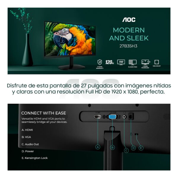 Monitor AOC 27B35H3 27" IPS Full HD 120Hz - Negro | Envío Garantizado — foto 3 de 7