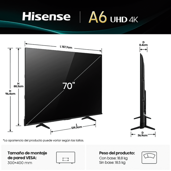 Televisor Hisense 70" Pulgadas A6NV Smart TV UHD 4K Cine en Casa — foto 5 de 10