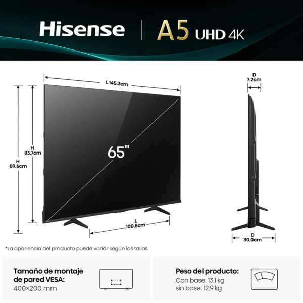 Televisor Hisense 65" Pulgadas UHD 4K A5NV Smart TV | La Evolución de tu Entretenimiento. — foto 3 de 9