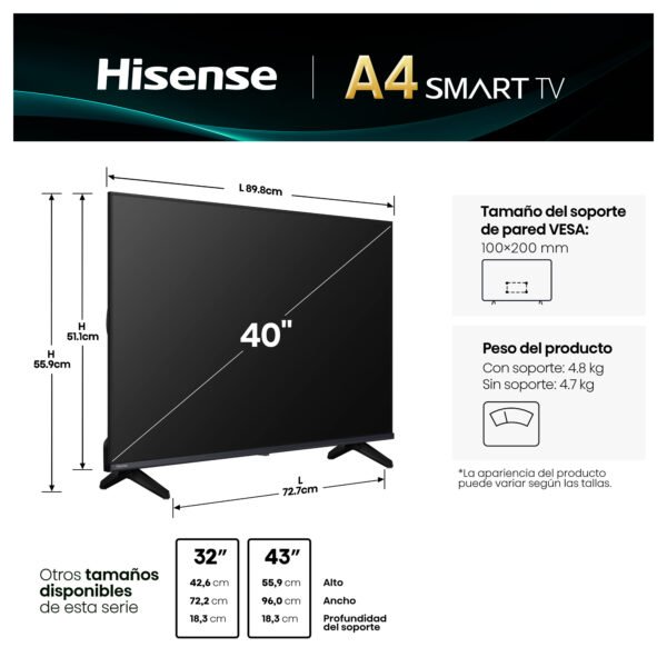 Televisor Hisense 40" Smart TV Full HD 40A4NV S.O VIDAA — foto 3 de 12