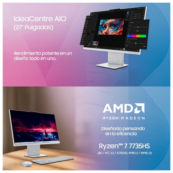 Computador Aio Lenovo IdeaCentre 27ARR9 | AMD R7-7735HS | 16GB RAM | 512GB SSD | Gris — foto 6 de 9