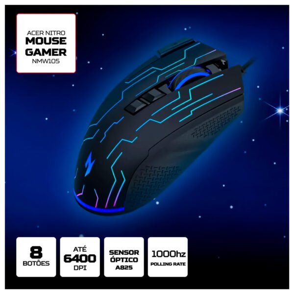Mouse Gamer Acer Nitro NMW105 Alámbrico Negro - 6400 DPI y Luz RGB — foto 6 de 8